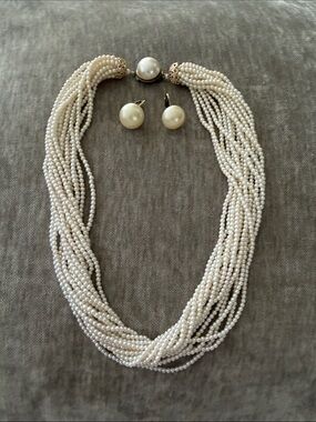 Classic Multi-Strand Pearl Necklace and Earrings Set - Ivory
